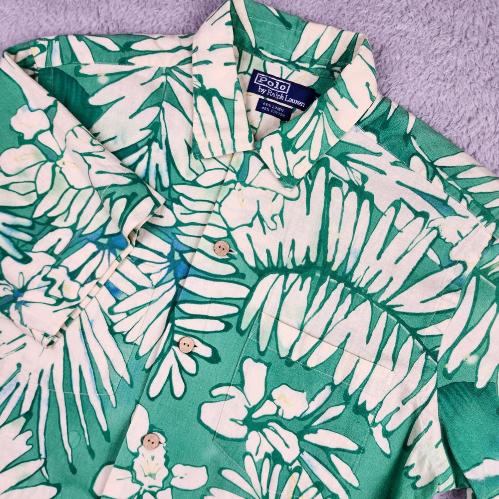 VTG Polo Ralph Lauren Hawaiian Shirt Andy Camp Small Loop Collar Linen Blend 90s